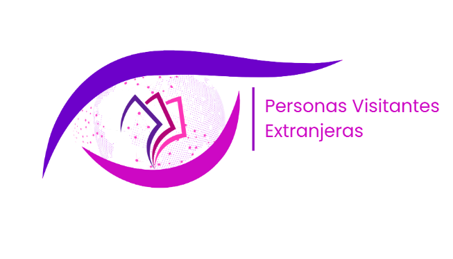 Logotipo de Personas Visitantes Extranjeras en tonos morado y rosa.